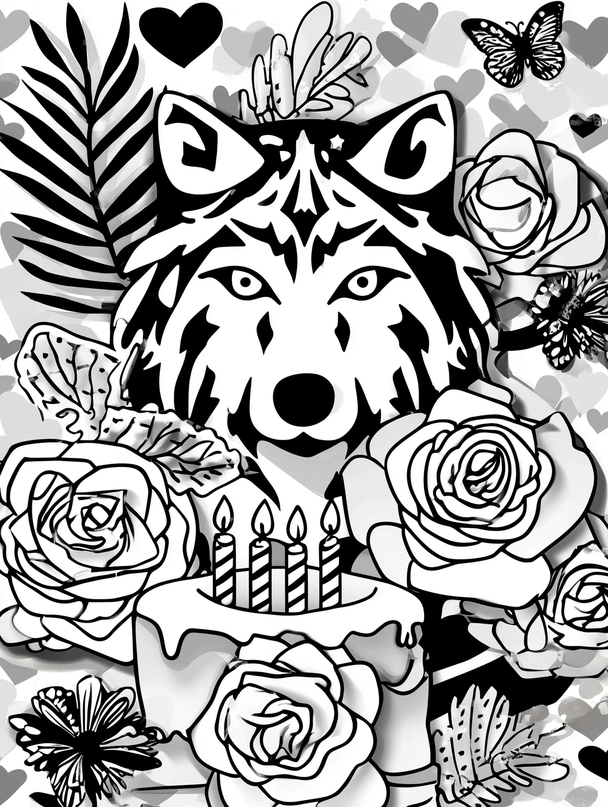 Free printable wolf coloring page for adults featuring a wolf with a birthday cake and candles
